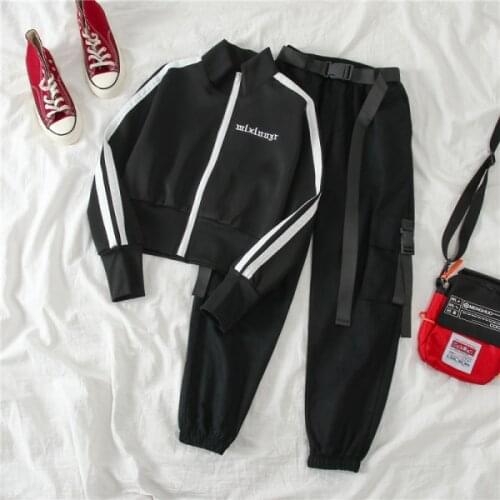 2021 Autumn Streetwear Pants High-Waist Straight Ribbon Cargo Pants Student Loose Short-Sleeved Shirt with Tie two-piece Set