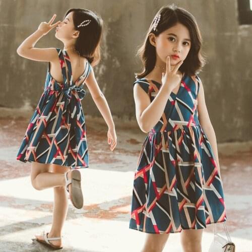 Childrens Geometric Princess Dress For Girls Summer Clothes Casual Kids Sleeveless Vertical Bar Pattern Backless Party Dresses
