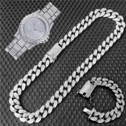 3pcs Kit Hip Hop 20MM Full Heavy Iced Out Paved Rhinestone CZ Miami Curb Cuban Rapper Necklace+Watch+Bracelet For Men Jewelry