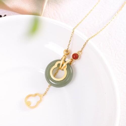 MetJakt Fashion and Elegant S925 Sterling Silver Gold-plated Gourd-shaped Hetian Jasper Necklace for Ladies
