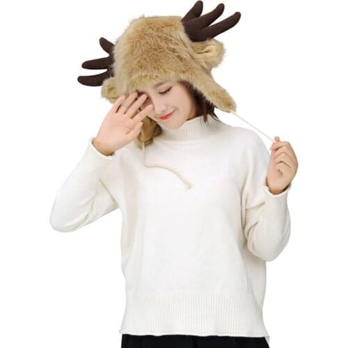 New Autumn And Winter Super Warm Cute Cartoon Antler Hat Fur Unisex Deer Hat Breathable Comfortable Fit Bomber Hats Wholesale