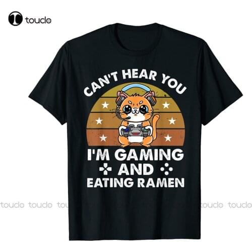 New Cat Can'T Hear You I'M Gaming And Eating Ramen Funny Gift T-Shirt Black S-5Xl Cotton Tee Shirt baseball tee shirts Unisex