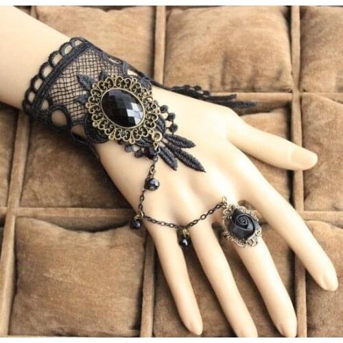NEW Arrived Vintage Gothic Black Retro Beauty Woman Lace Bracelet Ring Set Lady Cabochon Decorations Fashion Party Ornament
