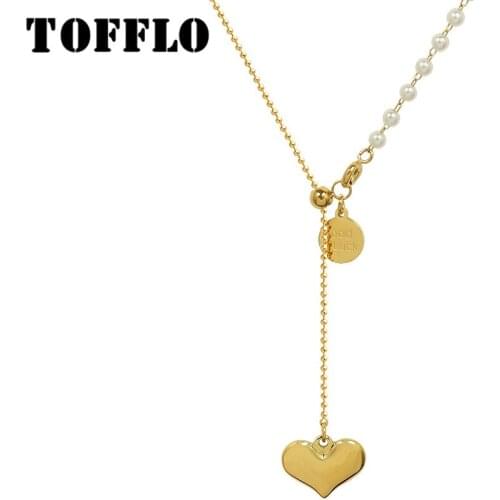 TOFFLO Stainless Steel Jewelry Round Brand Peach Heart Love Pearl Necklace Elegant Tassel Clavicle Chain BSP1063