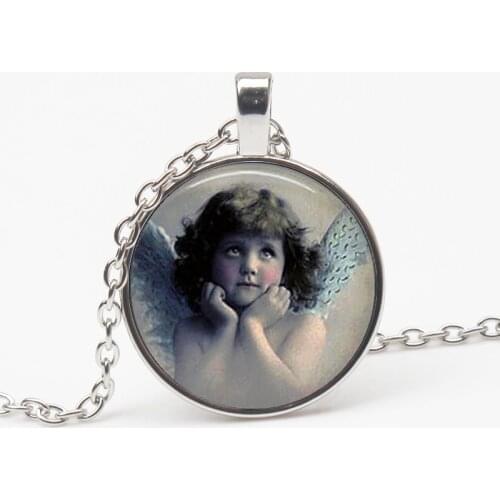 Vintage ANGEL Fashion Glass Pendant Necklace Guardian Angel Christian Catholic Pendant Necklace Religious Souvenir Long Chain