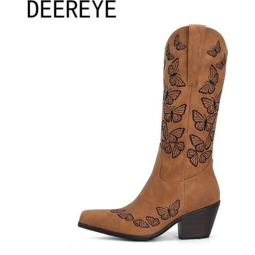 Handmade Winter Mid Calf Cowboy Boots Embroidered Butterfly Retro Combat Woman Thick Heel High Tube Western Knight Shoes 34-43