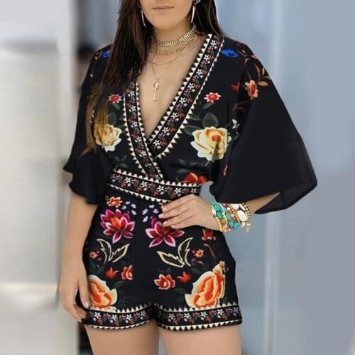 Hirigin Women Summer Rompers Vintage Style Flower Print Flare Sleeve V-Neck Playsuits Plus Size Backless Tied Romper 6 Colors