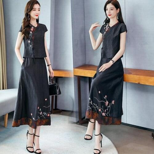 Retro Tang Style Two Piece Suit Long Skirt 2021 Summer New Slim Literature And Art Womens Big Size Dress Trend Vestido Vfemage