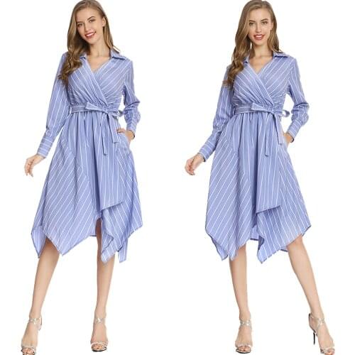 Women Stripe irregular Dress Casual Ladies Long Sleeve Asymmetrice Dresses Fashion A-Line Party Vestidos Autumn Summer
