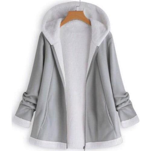 New Casual Women Autumn Winter Solid Color Long Sleeve Zipper Warm Plushy Hooded Coat