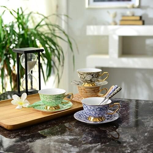 Gold handle hand painted marble grain ceramic cup with spoon cup plate fashion creative couple coffee cup