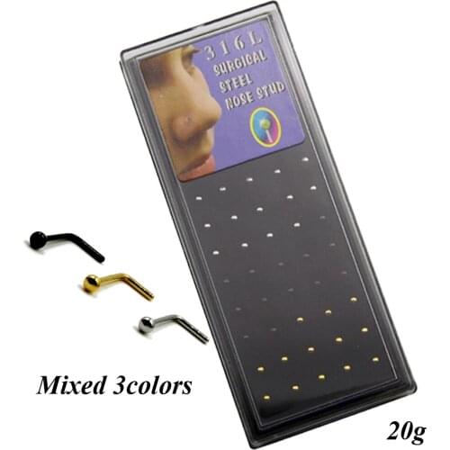 40pcs/box Surgical Steel Plated Color L Shape Nose Bone Stud Jewelry Body Piercing 20g