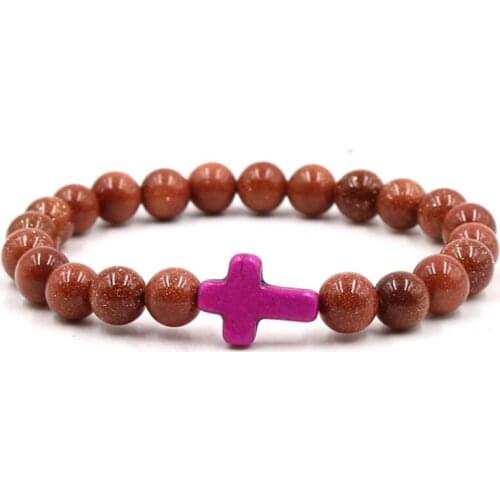 8mm tdf2 elastic adjusted Macrame Charm nature Sandstone cross turquoise Charm Bracelet