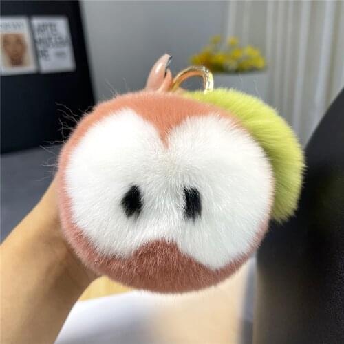 9CM Fashion Real Rex Rabbit Fur Apple Cute Plush Ball Kids Bag Pendant Ornaments Womens Car Key Metal Rings Toy Trinkets Gift