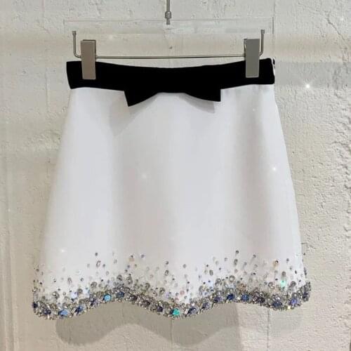 Design Luxury Diamonds Hem Women High Waist Skirt Bow White A-Line Mini Skirt Sexy Elegant Party Clothes 2021