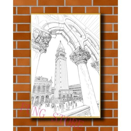 K118 Retro European Buildings Manuscript Picture Custom Silk Poster Home Deco Wall Art Christmas Gift