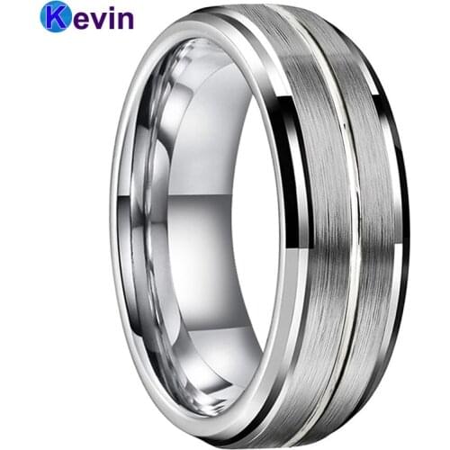 8MM Men Women Wedding Band Tungsten Ring With Stepped Beveled Grooved Brushed Finish