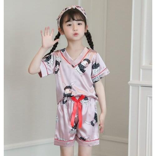 Summer Childrens Clothing Suit Silk V-neck Baby Girls Pajamas Set Short Sleeve Pijama Nightwear Satin 4-13yrs Pyjama Set