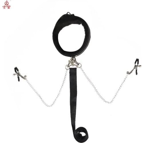 JIUAI Leather Choker With Nipple Breast Clamp Clip Chain Couple Flirting SM Sex Toys For Adult Games Tools