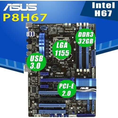 Asus P8H67 Motherboard LGA 1155 Core i7 Core i5 Core i3 DDR3 32GB PCI-E 2.0 SATA3 Desktop Intel H67 Placa-Mãe 1155 ATX Used