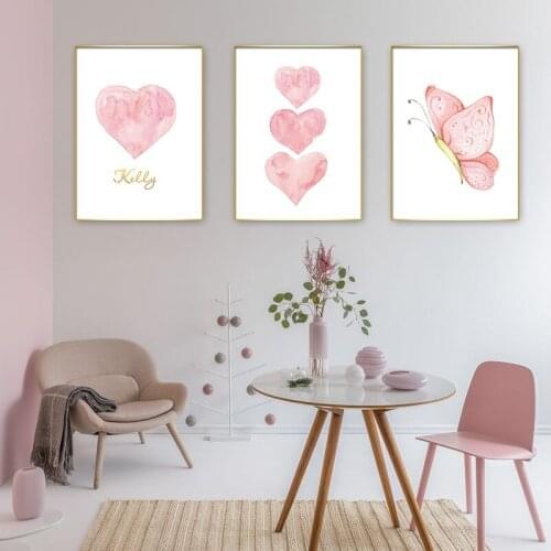 Cartoon Watercolor Heart Posters and Prints Pink Butterfly Wall Art Painting Nordic Style Canvas Picture Girls Room Decoration