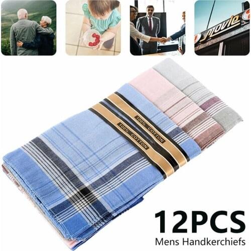 12pcs Gentlemens Mens Suit Handkerchiefs Towels Pure Cotton Blend Plaid Hankies Best Gift For Your Male Friends