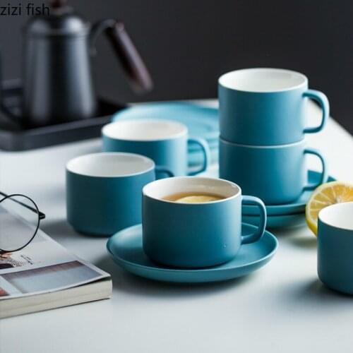 White / Black / Dark Green / Blue Coffee Cup Set Afternoon Tea Cup Saucer Simple Ceramic Coffee Cup Milk Cup 230ml
