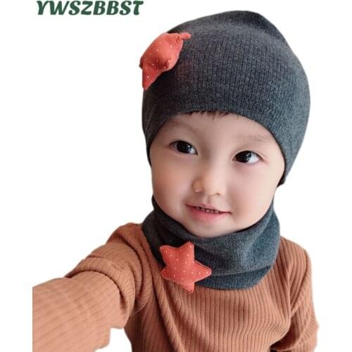 New Fashion Baby Cap Set Star Cotton Baby Head Cover Winter Warm Neck Collar Kids Beanies Sets Plush Children Hats Scarf