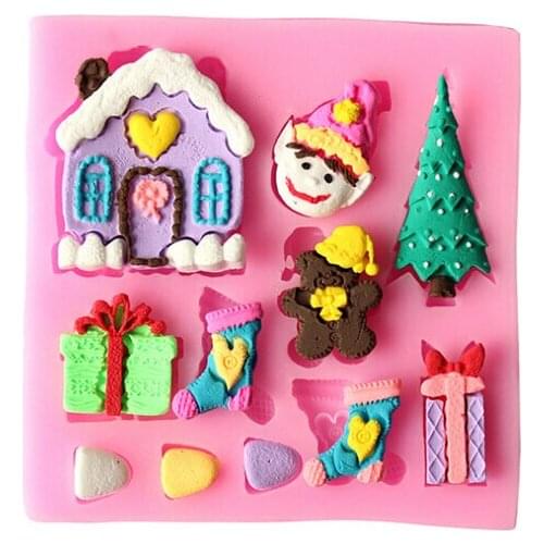 Wholesale Silicone mold K312 Mini Xmas house gift boy bear tree socks shape Decoration clay mold Fondant cake mold