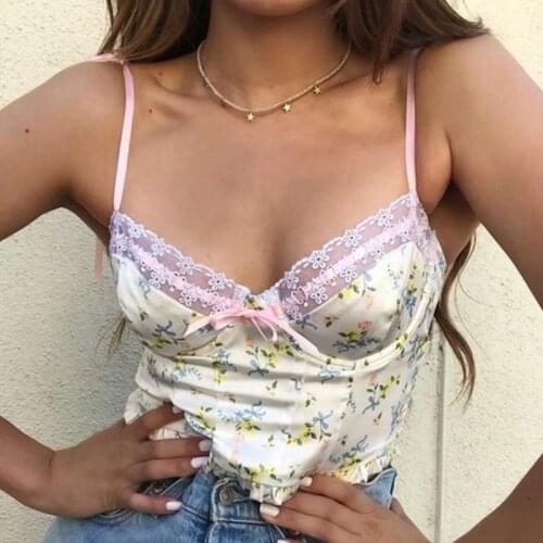 Sexy white summer tops for women fashion floral lace crop top women tie front top cute vintage korean cami top spaghetti strap