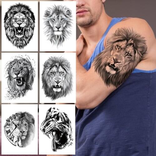 DIY Realistic Lion Temporary Tattoos For Men Women Adult Black Demon Compass Tattoo Sticker Fake Body Art Arm Tatoos Washable