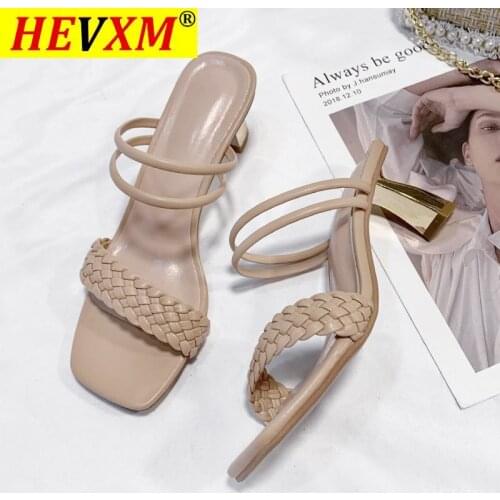New Square High Heels Slippers Summer Women Square Toe Sandals Ladies Pu Leather Plaid Outside Female Fashion Woman Shoes Mules