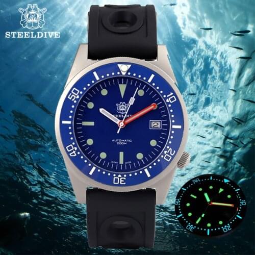 STEELDIVE Mens NH35 Mechanical Watch 316L Steel Automatic Watches Blue dial waterproof 200m Diver Watch