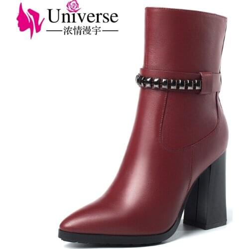 Universe winter women mid calf boots square heel pointed toe genuine leather woman boots G346