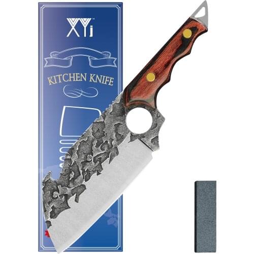 XYJ 6.5 Inch Full Tang Boning Knife With Whetstone Hammer Finish Bottle Opener Effort Saving Wood Handle Small Cleaver Knives