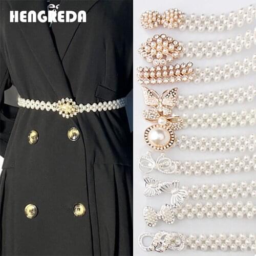 Pearl Belt Chain Women for Jeans Skirt Peplum Dress Pants Waist Strip Band 2cm Width Gold Silver Buckle for Girl Lady 2021