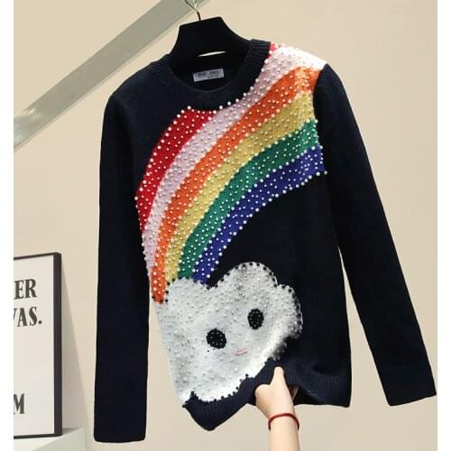 Rainbow Beaded Autumn Sweater Women 2020 Jumper New Pull Jacket Loose Oversized Knitted Top Spring and Autumn Female Sale
