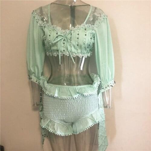 High Quality 2021 Green Women Set Beach Women 1/2 Sleeve V-neck Top and Shorts Women Sets