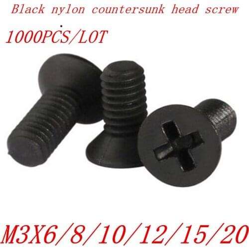 1000PCS/lot M3*6/8/10/12/15/20 black nylon flat countersunk head machine Screw