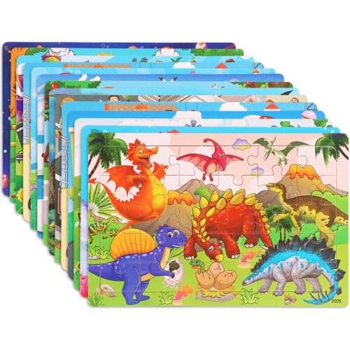30 Pieces Dinosaur Cartoon Animal World Puzzle Game Toys Kids Parenting Puzzle Wooden Cartoon Jigsaw Puzzles for Children