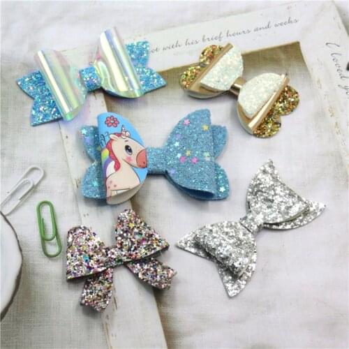 5PCS/SET Pretty Blue Unicorn Baby Girls Clips Leather Bows Child Tie Knot Creativity Handmade Hairpins Hair Accessories For Kids
