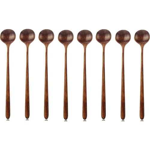8 Pc Long Spoons Wooden Korean Style 10.9 Inches Wood Long Handle Round Spoons for Soup Cooking Mixing Stirr