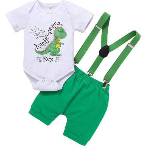 9-18M Infant Baby Boy Clothing Cartoon Dinosaur Print Short Sleeve Romper Top+Green Solid Straps Shorts Kids Summer 2pcs