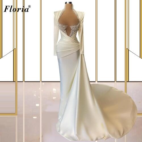 2 Styles White Prom Dresses 2021 Long Sleeves Formal Evening Dresses With Pearls Muslim Wedding Party Dresses Vestidos Formales