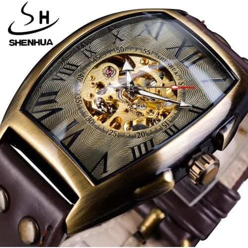 Shenhua Retro Roman Analog Skeleton Dial Mechanical Automatic Watch Golden Brown Luminous Hand Leather Band Fashion Sport Watch