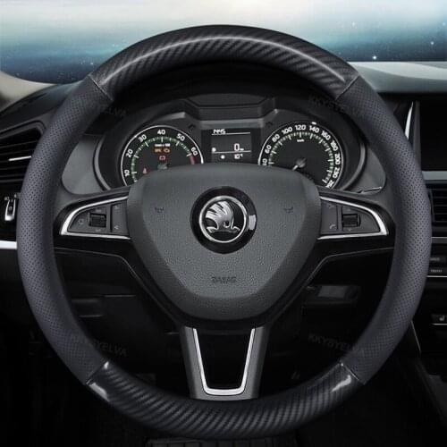 Genuine Leather+Carbon Fiber Car Steering wheel Cover Anti-slip for Skoda Fabia 1 2 3 I II III Auto interior Accessories