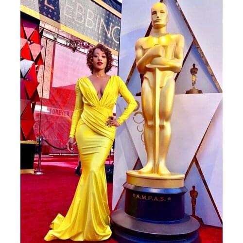 Elegant Long Sleeve Pleated Top Yellow Celebrity Dresses Mermaid Maxi Stretchy V-Neck Abendkleider Robes de Soirée for Women