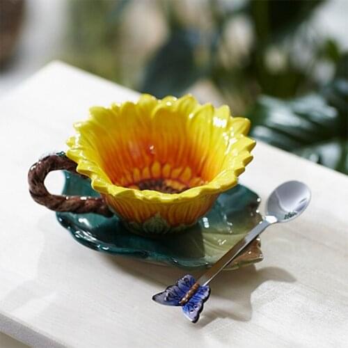 Sunflower Enamel Porcelain Mugs Ceramic Coffee Cup Original Taza Copo Home Decor Porcelain Butterfly Spoon