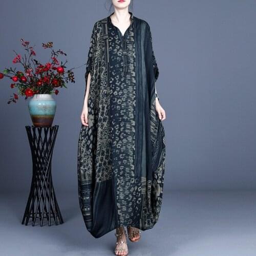 Johnature Women Polyester Dresses V-Neck Long Sleeve Button Clothes 2021 Spring New Print Flora Vintage Chinese Style Dress