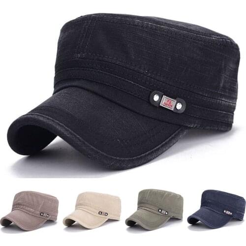 Men Flat Top Hat Cadet Army Cap Vintage Design Sun Hat Fashion Washed Military Cap Flat Cap Solid Color Unique Sunscreen Hats